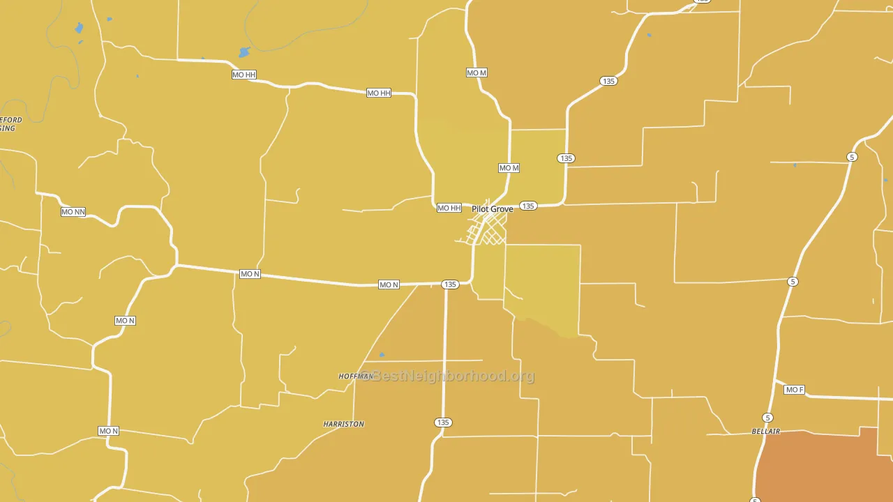 Map of the best neighborhoods in the Pilot Grove area, with better matches in green and worse matches in red