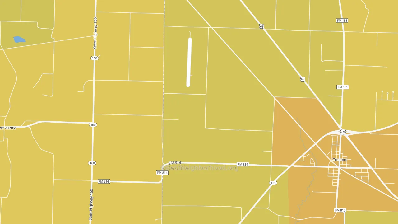 Map of the best neighborhoods in the Pilot Grove area, with better matches in green and worse matches in red