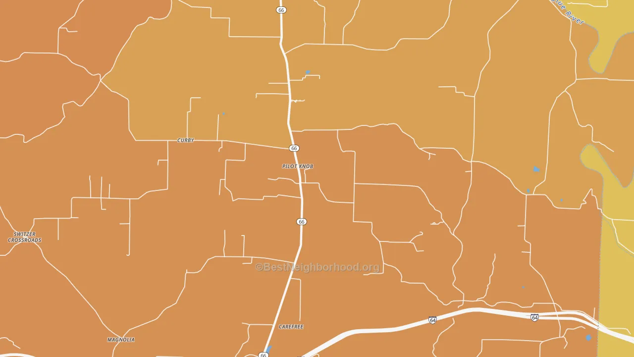 Map of the best neighborhoods in the Pilot Knob area, with better matches in green and worse matches in red