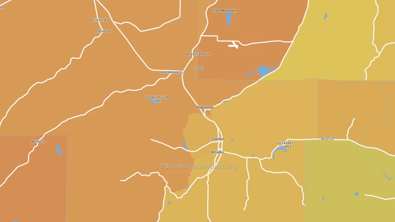 Map of the best neighborhoods in the Pilot Knob area, with better matches in green and worse matches in red