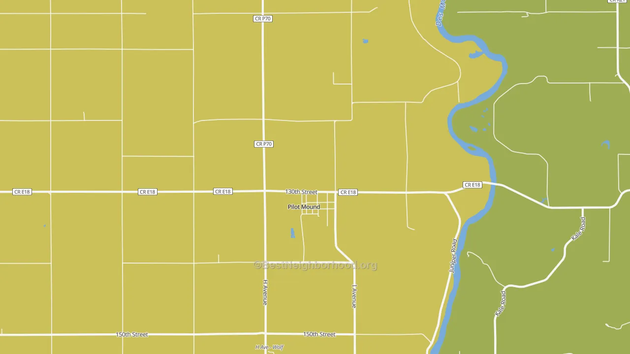 Map of the best neighborhoods in the Pilot Mound area, with better matches in green and worse matches in red
