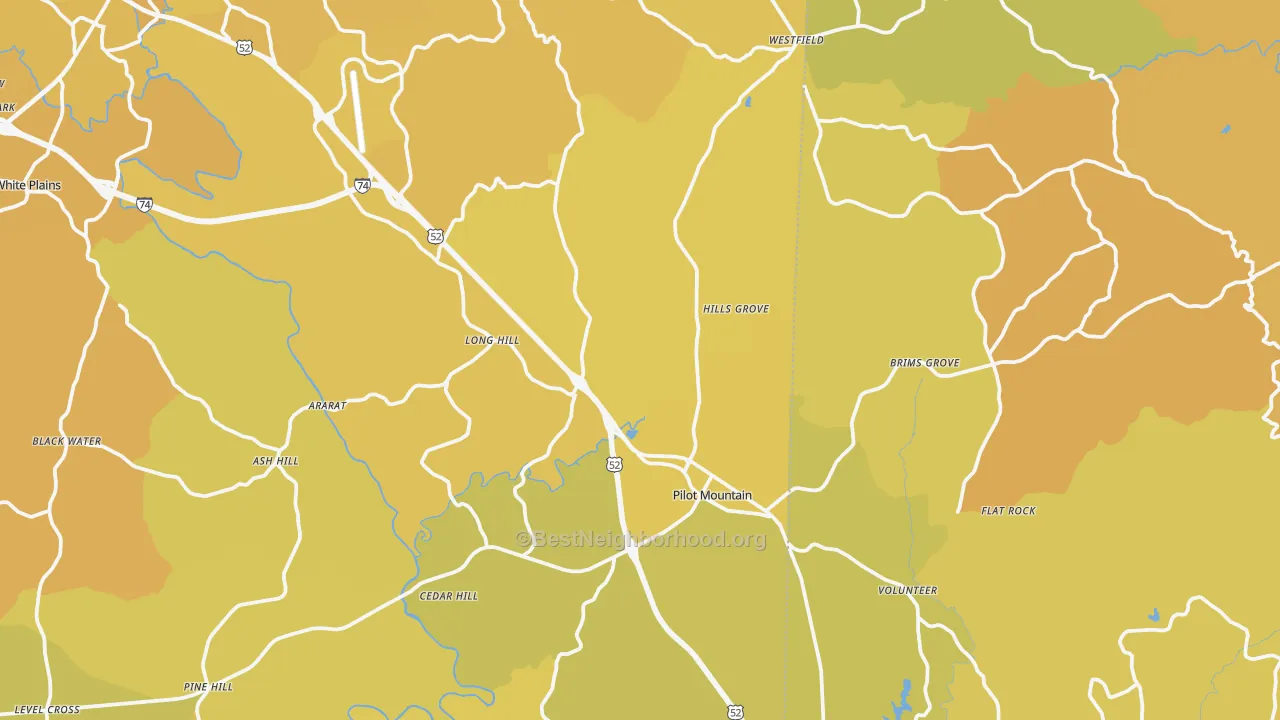 Map of the best neighborhoods in the Pilot Mountain area, with better matches in green and worse matches in red