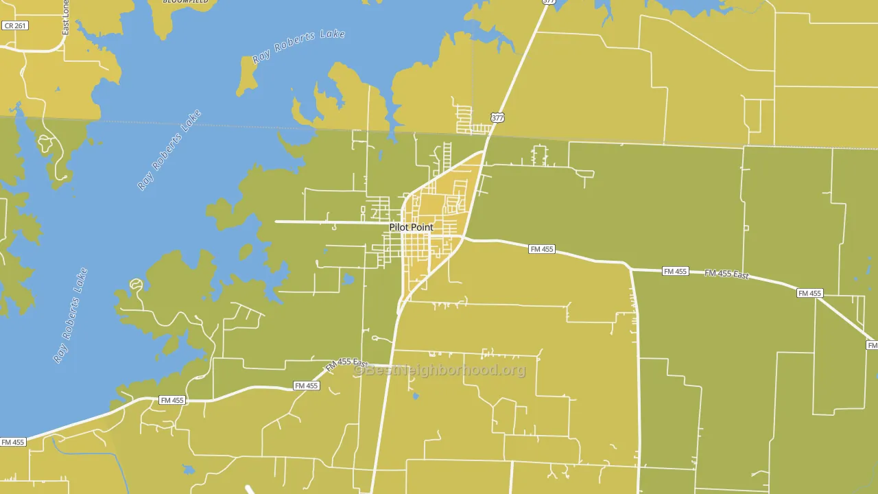 Map of the best neighborhoods in the Pilot Point area, with better matches in green and worse matches in red