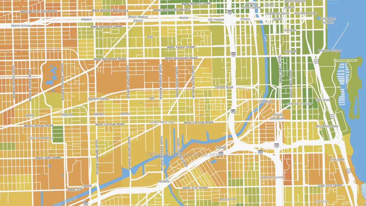 Map of the best neighborhoods in the Pilsen, Chicago area, with better matches in green and worse matches in red