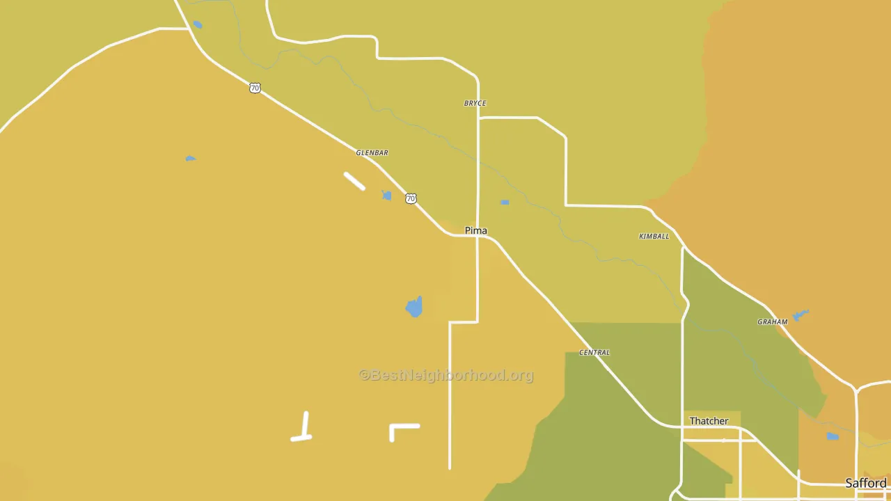 Map of the best neighborhoods in the Pima area, with better matches in green and worse matches in red