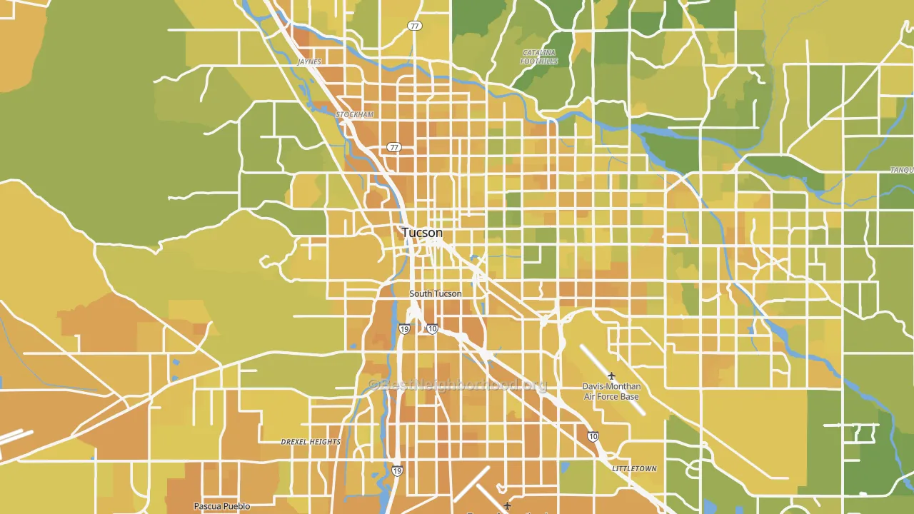 Map of the best neighborhoods in the Pima County area, with better matches in green and worse matches in red