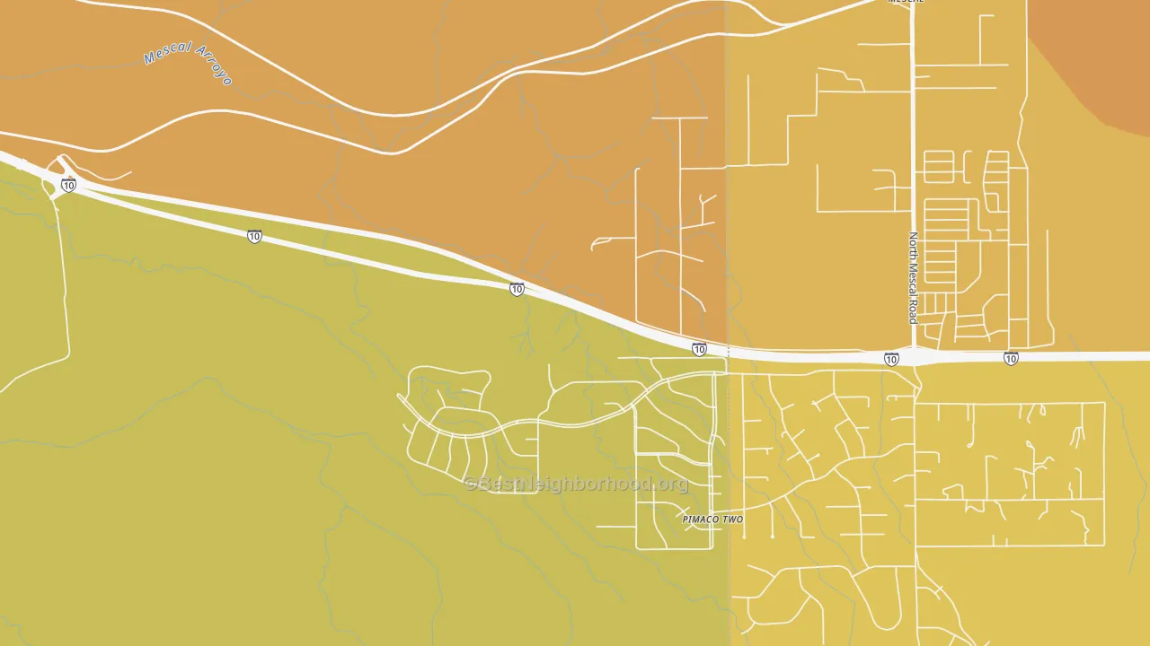 Map of the best neighborhoods in the Pimaco Two area, with better matches in green and worse matches in red
