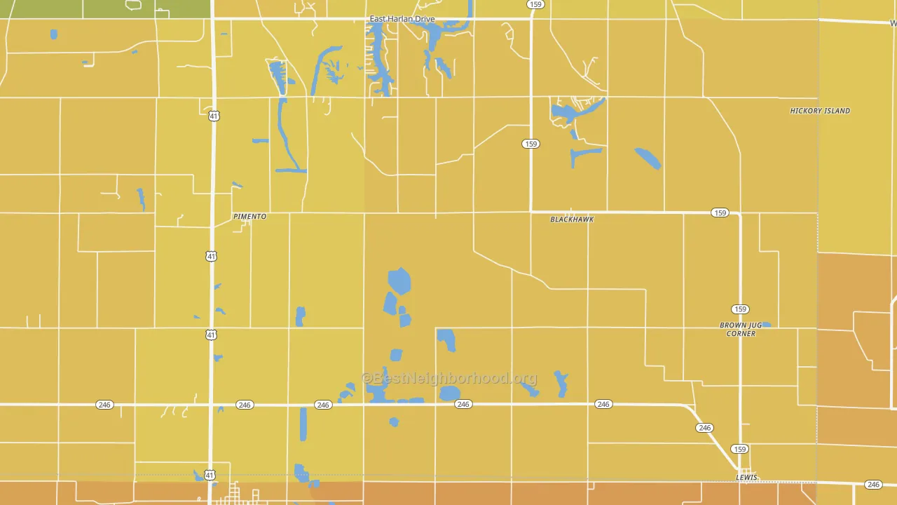 Map of the best neighborhoods in the Pimento area, with better matches in green and worse matches in red