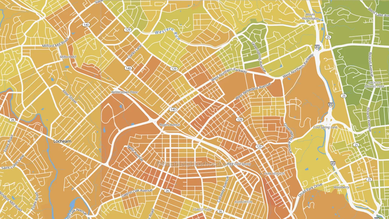 Map of the best neighborhoods in the Pimlico, Baltimore area, with better matches in green and worse matches in red