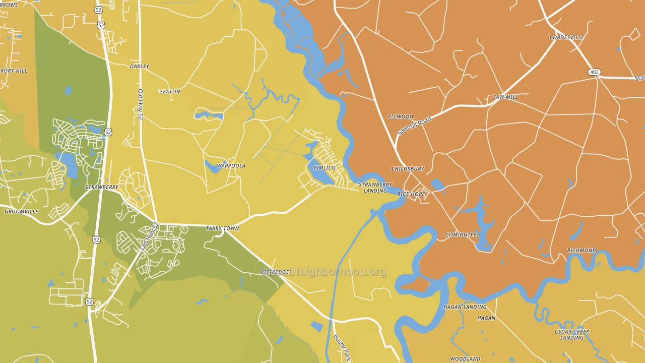 Map of the best neighborhoods in the Pimlico area, with better matches in green and worse matches in red