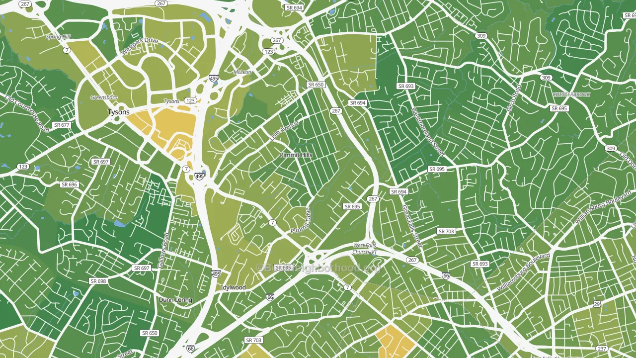 Map of the best neighborhoods in the Pimmit Hills, Falls Church area, with better matches in green and worse matches in red