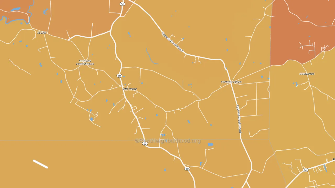 Map of the best neighborhoods in the Pin Hook area, with better matches in green and worse matches in red