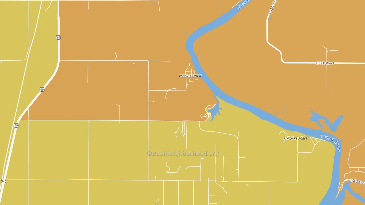Map of the best neighborhoods in the Pin Oak Acres area, with better matches in green and worse matches in red