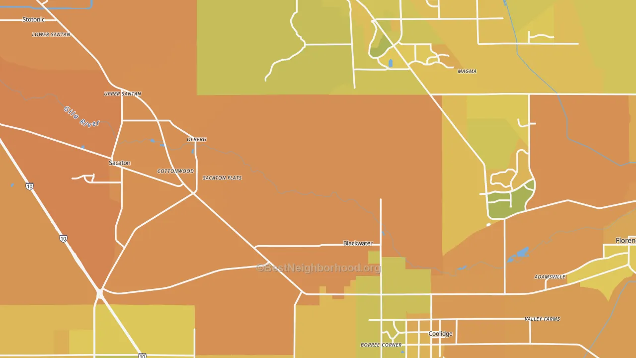 Map of the best neighborhoods in the Pinal County area, with better matches in green and worse matches in red