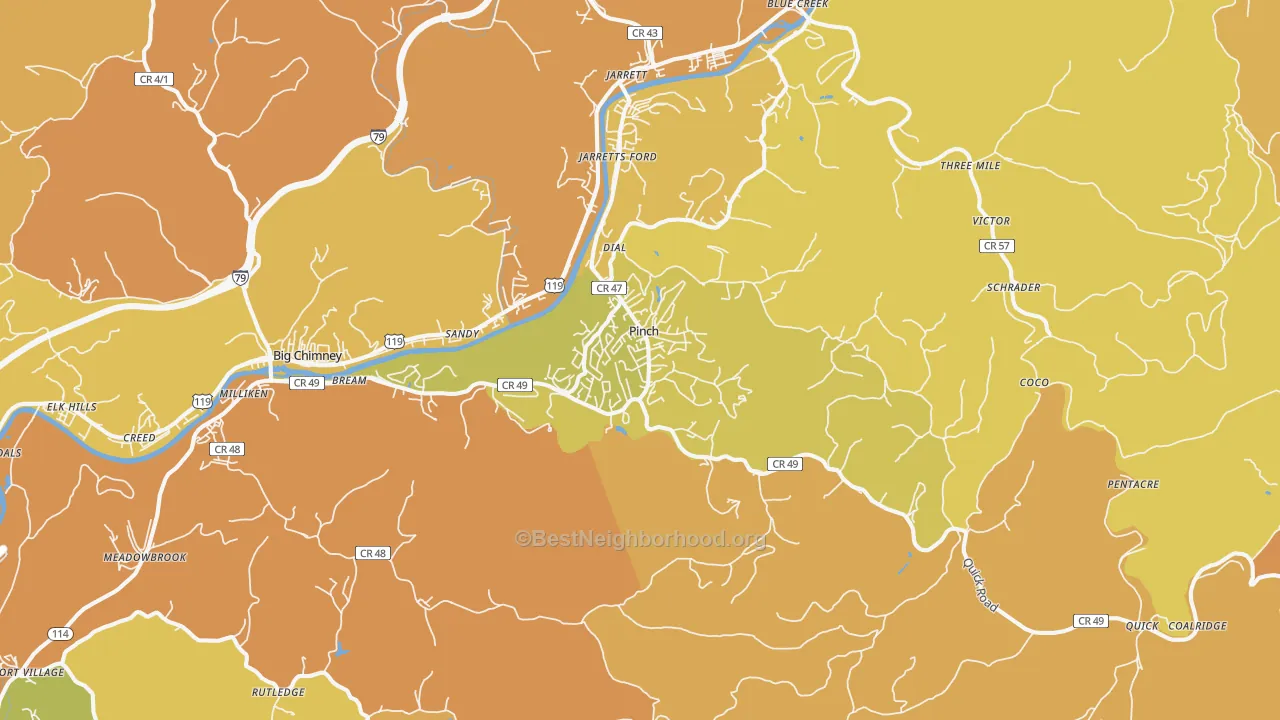 Map of the best neighborhoods in the Pinch area, with better matches in green and worse matches in red