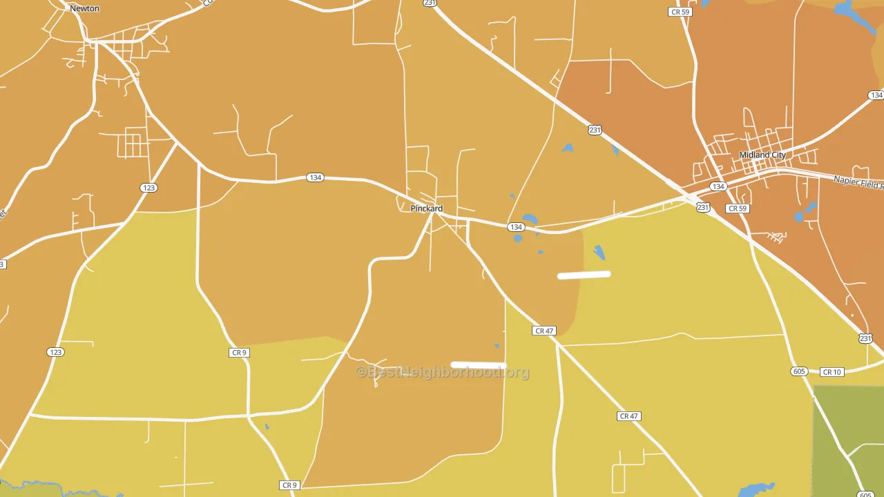 Map of the best neighborhoods in the Pinckard area, with better matches in green and worse matches in red