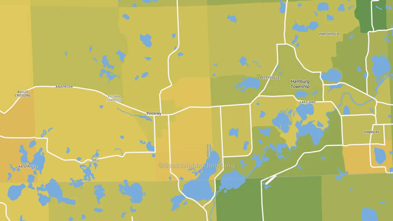 Map of the best neighborhoods in the Pinckney area, with better matches in green and worse matches in red