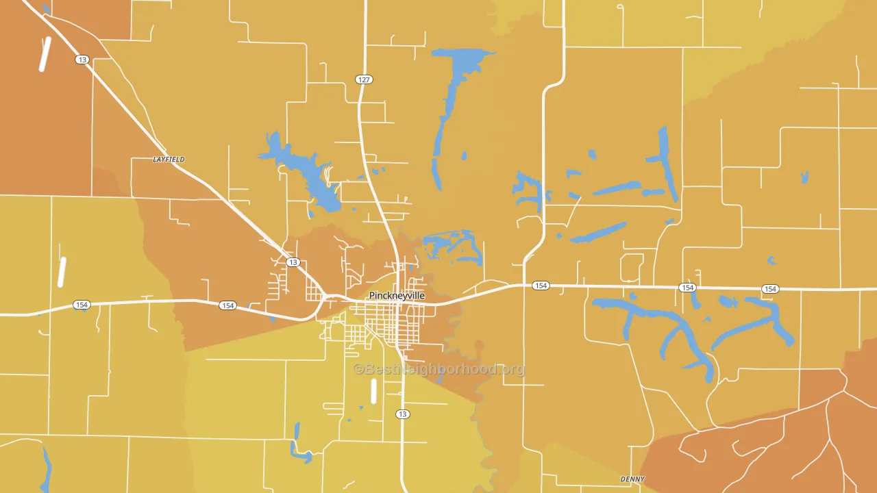 Map of the best neighborhoods in the Pinckneyville area, with better matches in green and worse matches in red