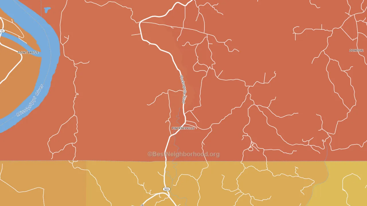 Map of the best neighborhoods in the Pinckneyville area, with better matches in green and worse matches in red