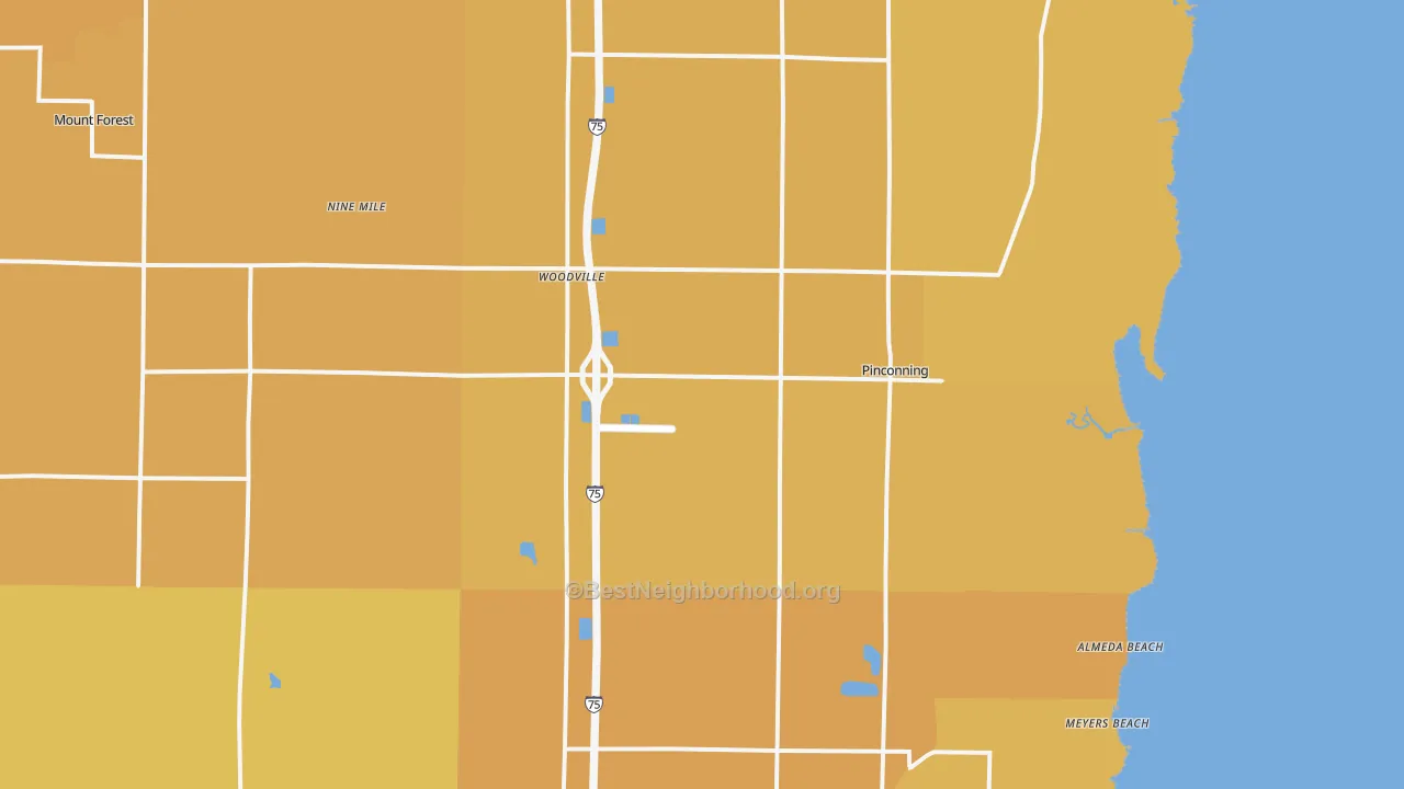 Map of the best neighborhoods in the Pinconning area, with better matches in green and worse matches in red