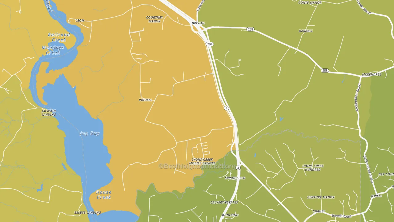 Map of the best neighborhoods in the Pindell area, with better matches in green and worse matches in red