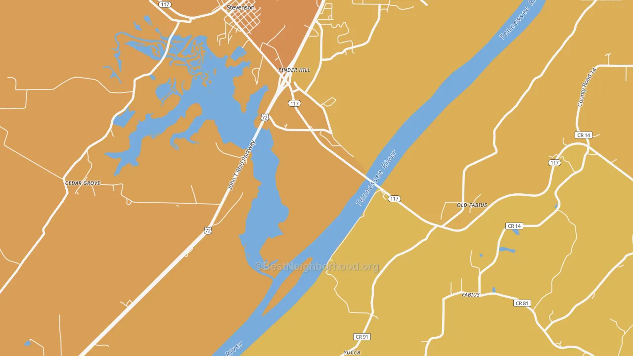 Map of the best neighborhoods in the Pinder Hill area, with better matches in green and worse matches in red