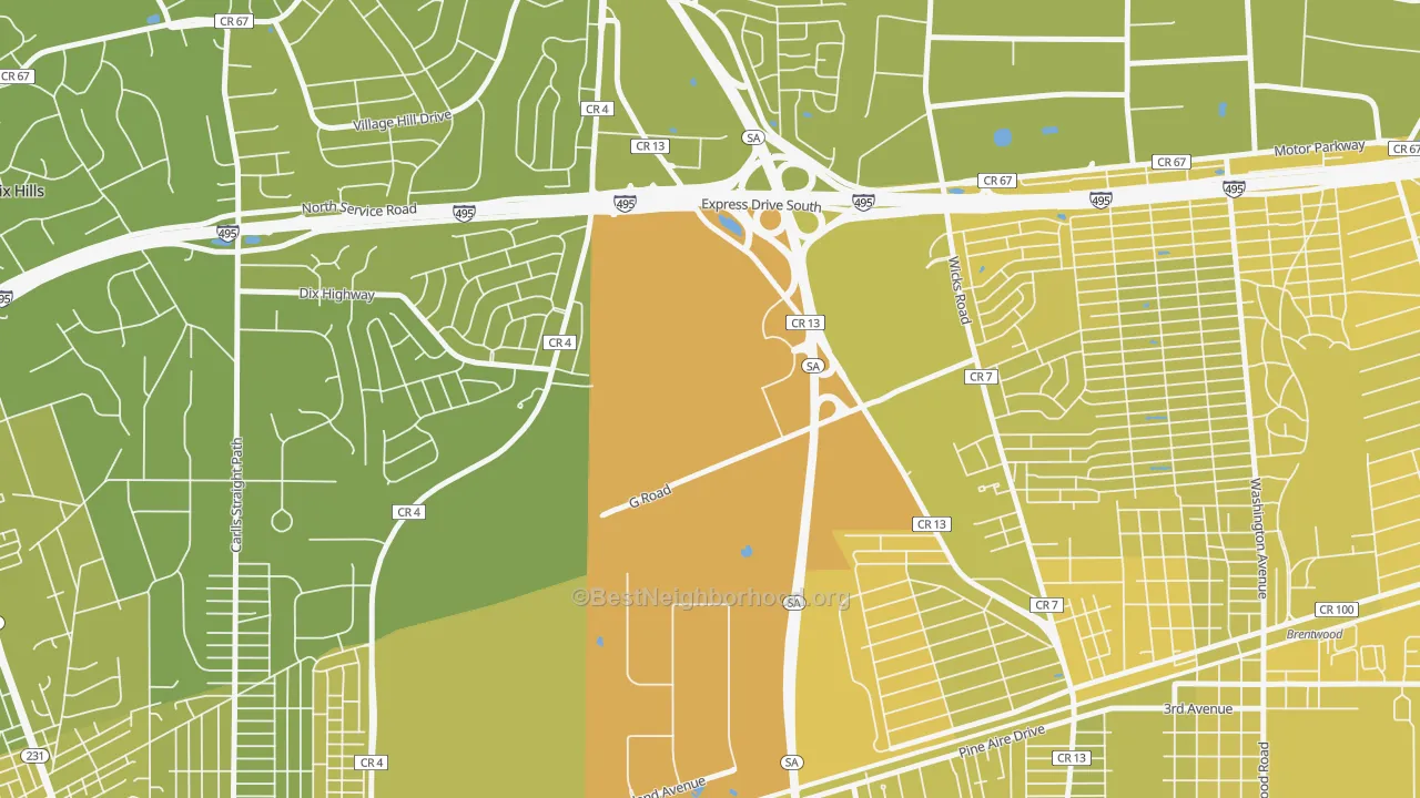 Map of the best neighborhoods in the Pine Aire area, with better matches in green and worse matches in red