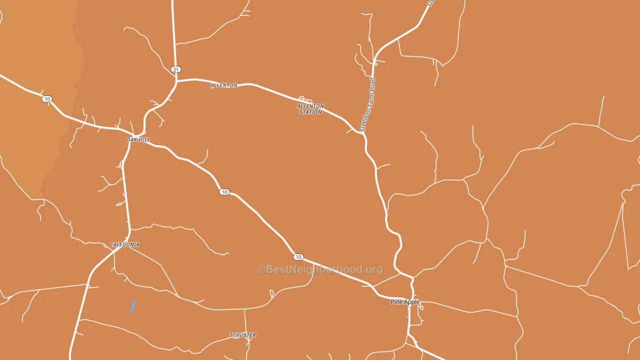 Map of the best neighborhoods in the Pine Apple area, with better matches in green and worse matches in red