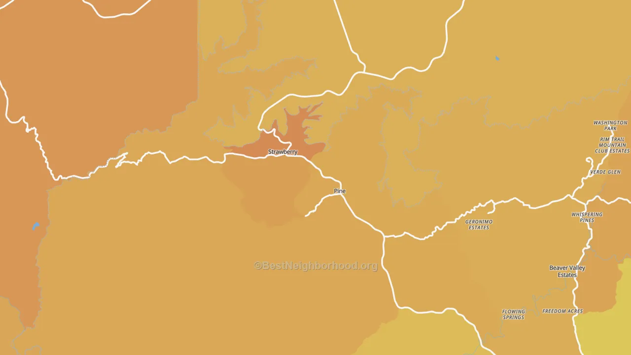 Map of the best neighborhoods in the Pine area, with better matches in green and worse matches in red