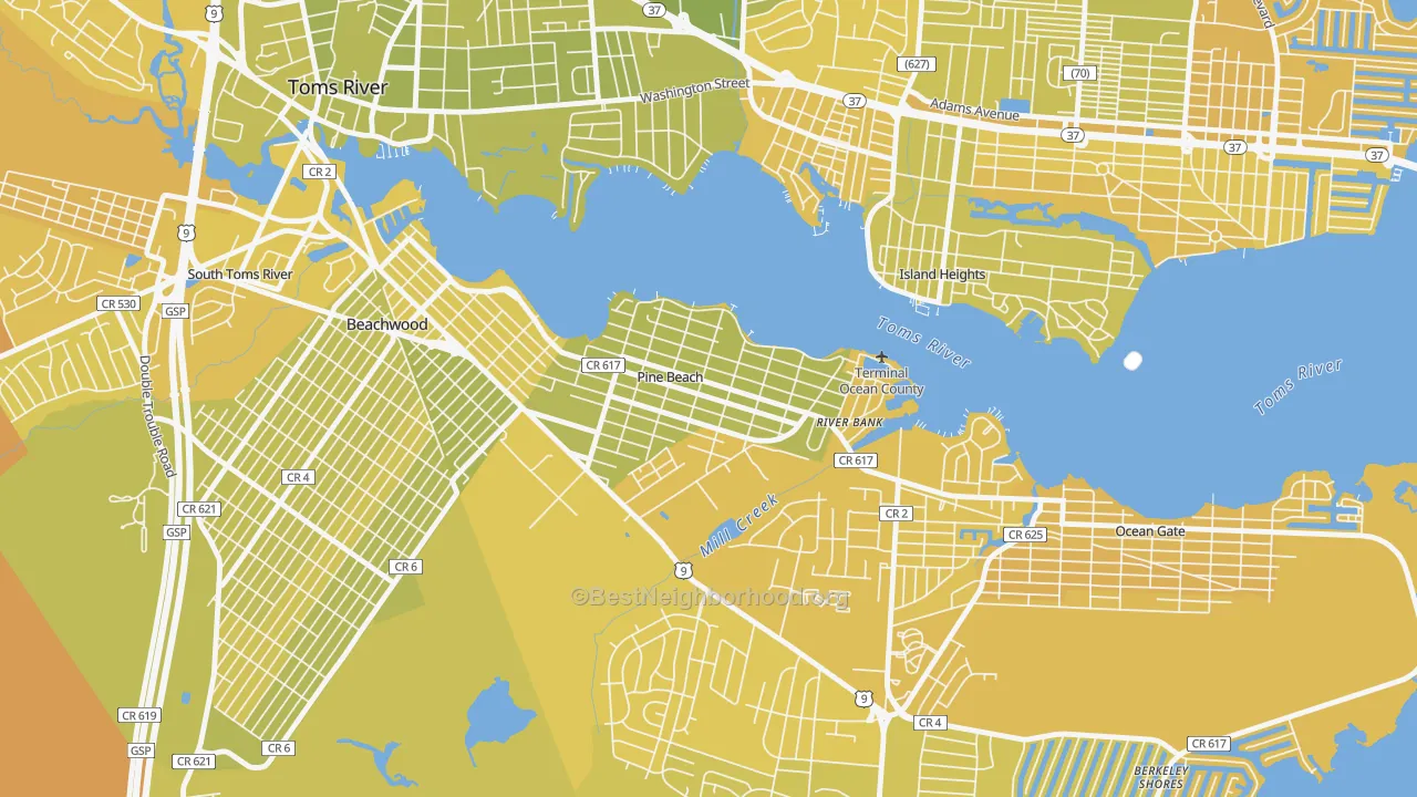 Map of the best neighborhoods in the Pine Beach area, with better matches in green and worse matches in red
