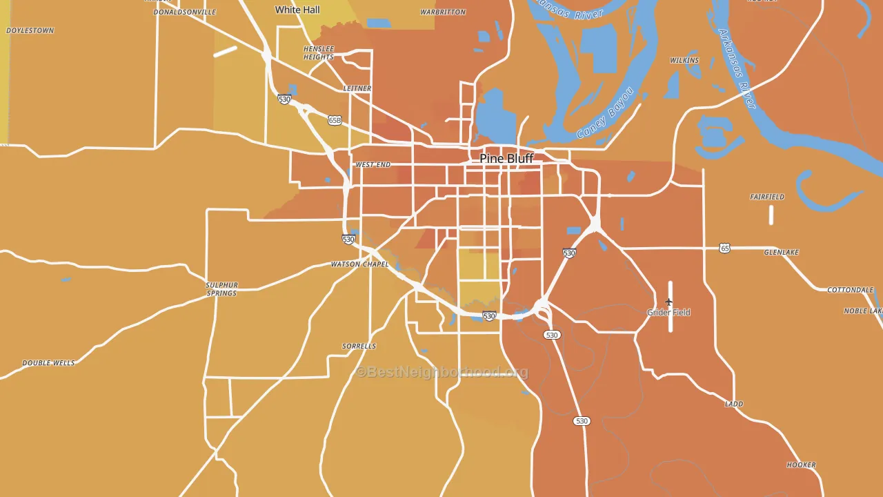 Map of the best neighborhoods in the Pine Bluff area, with better matches in green and worse matches in red