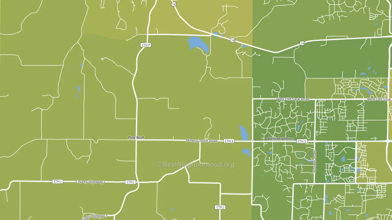 Map of the best neighborhoods in the Pine Bluff area, with better matches in green and worse matches in red