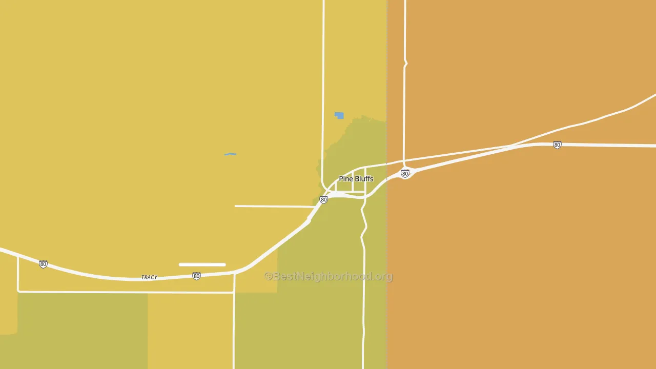 Map of the best neighborhoods in the Pine Bluffs area, with better matches in green and worse matches in red