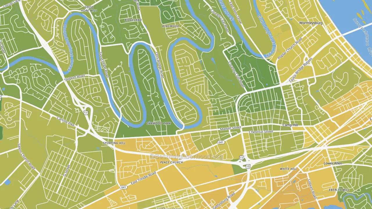 Map of the best neighborhoods in the Pine Brook, Camp Hill area, with better matches in green and worse matches in red