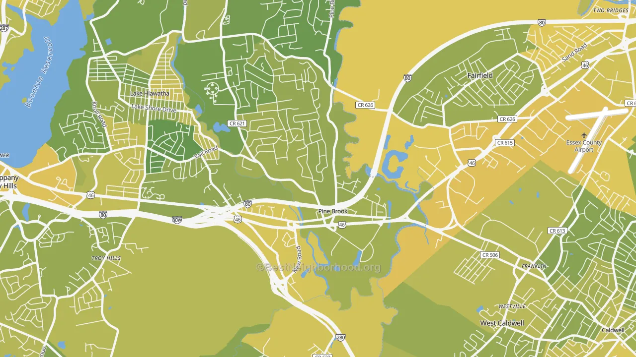 Map of the best neighborhoods in the Pine Brook area, with better matches in green and worse matches in red