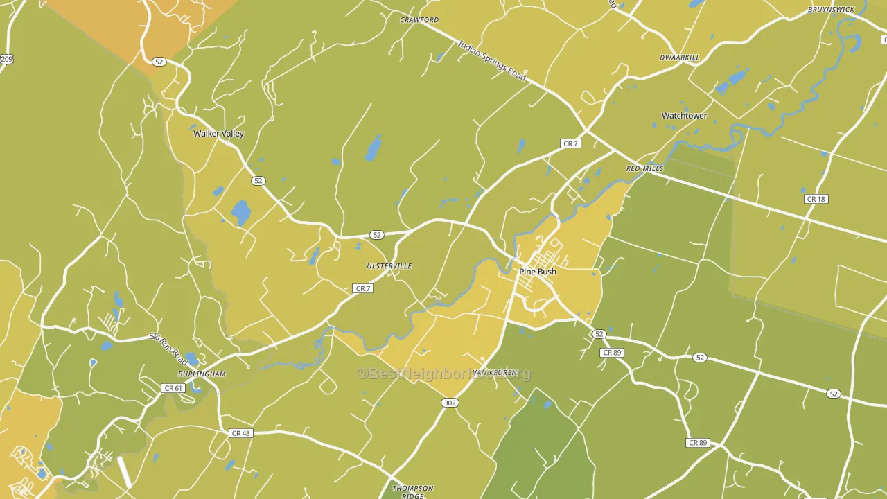 Map of the best neighborhoods in the Pine Bush area, with better matches in green and worse matches in red