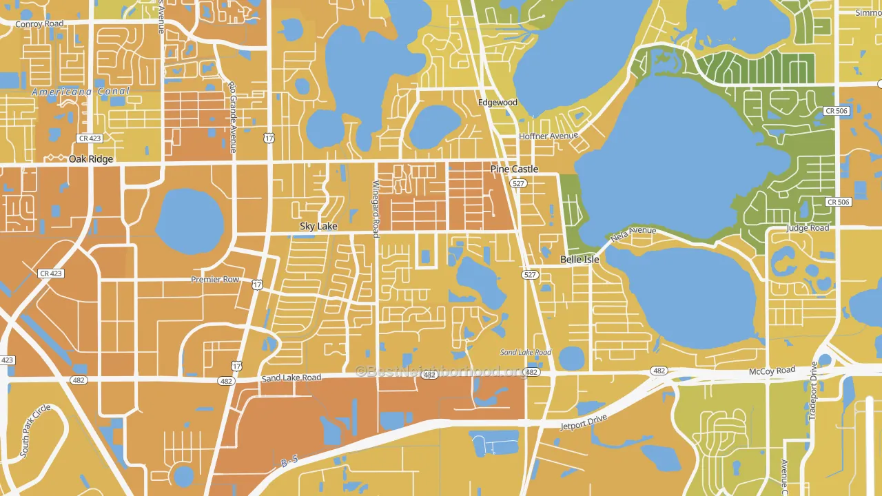 Map of the best neighborhoods in the Pine Castle area, with better matches in green and worse matches in red
