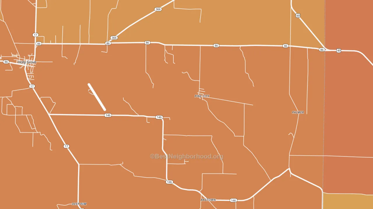 Map of the best neighborhoods in the Pine City area, with better matches in green and worse matches in red