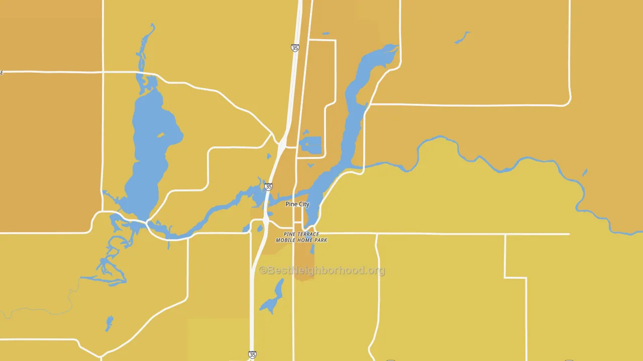 Map of the best neighborhoods in the Pine City area, with better matches in green and worse matches in red