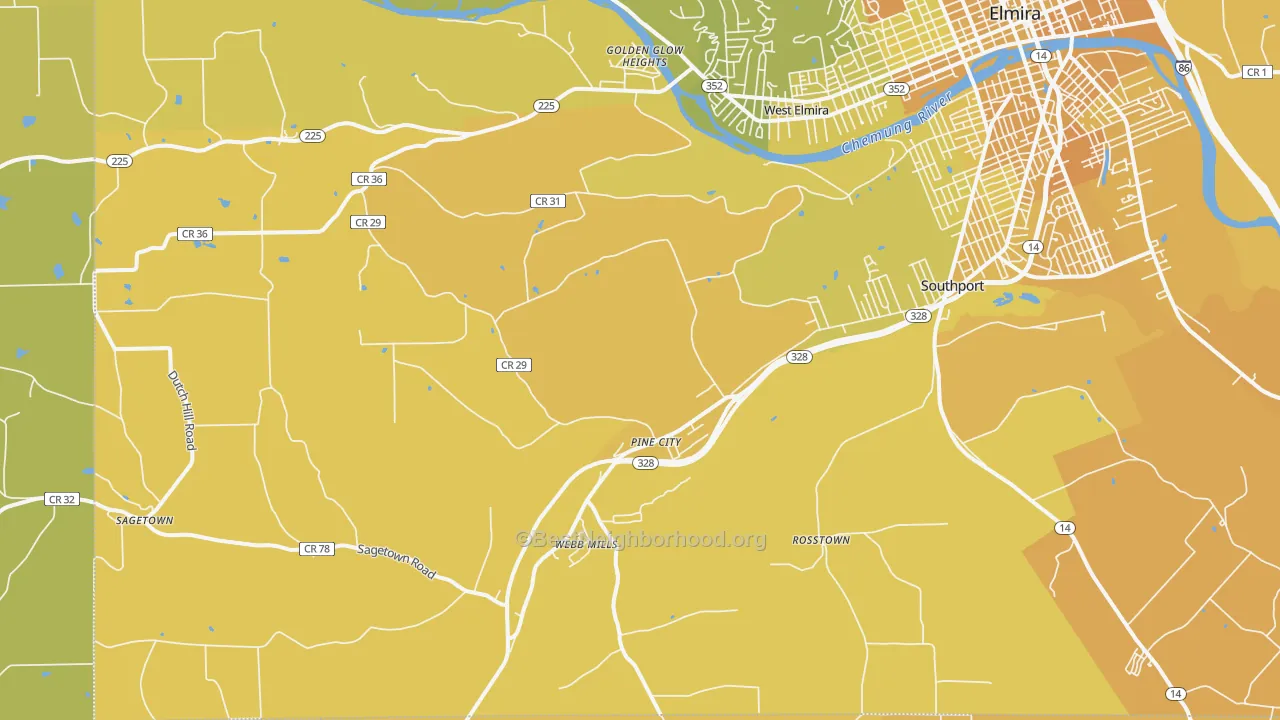 Map of the best neighborhoods in the Pine City area, with better matches in green and worse matches in red