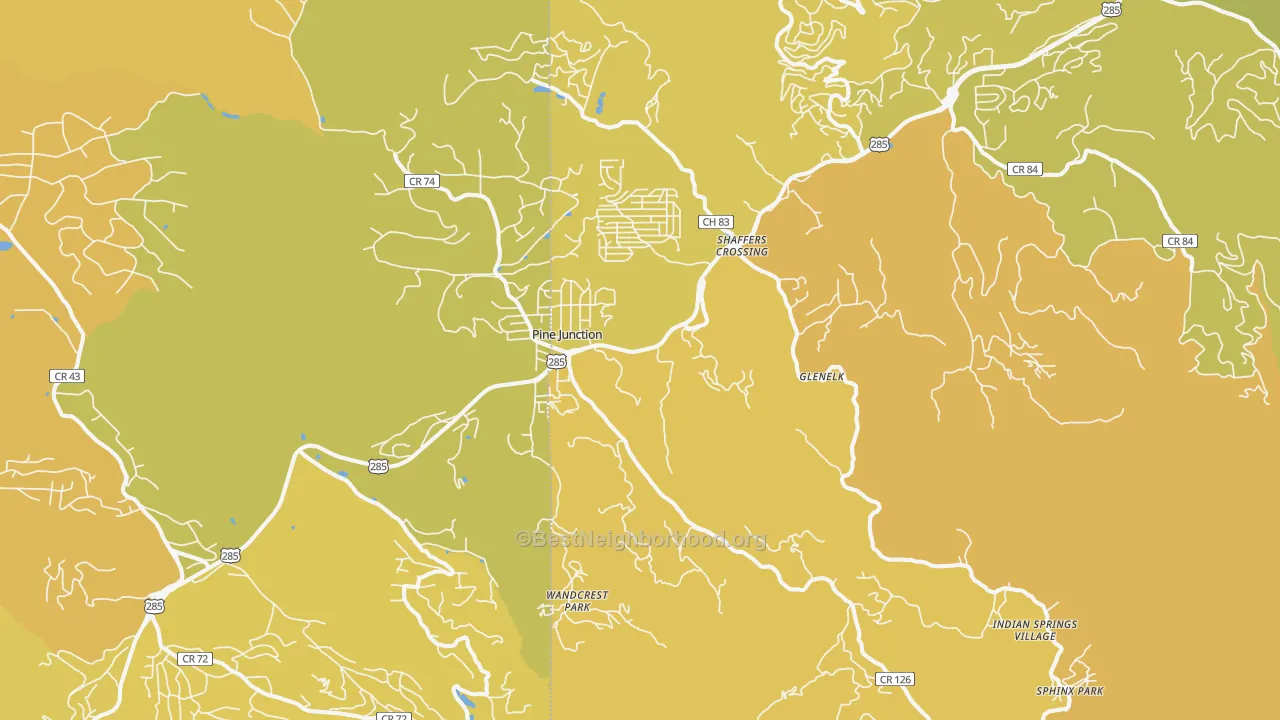 Map of the best neighborhoods in the Pine area, with better matches in green and worse matches in red
