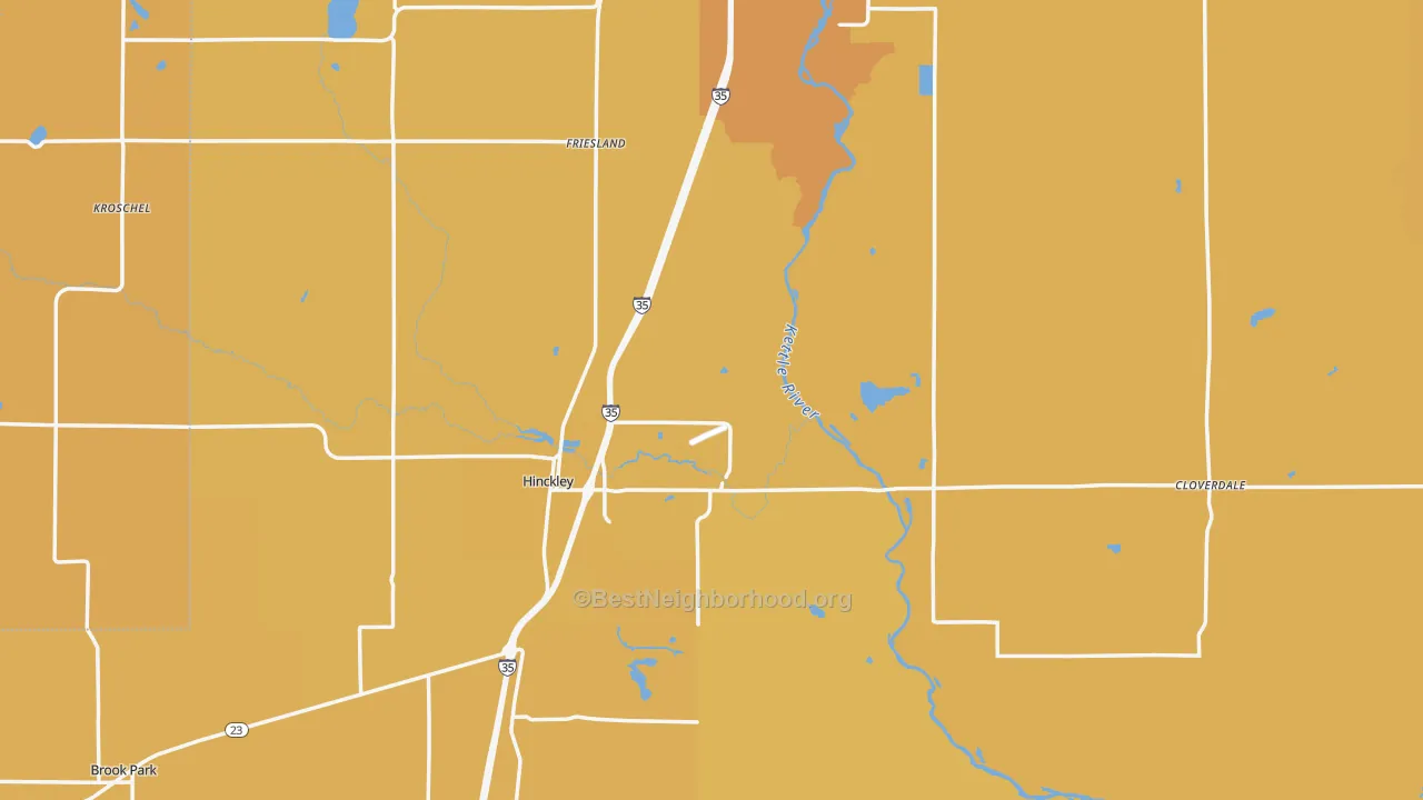Map of the best neighborhoods in the Pine County area, with better matches in green and worse matches in red