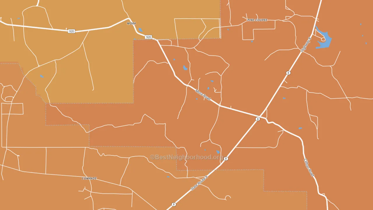 Map of the best neighborhoods in the Pine Coupee area, with better matches in green and worse matches in red