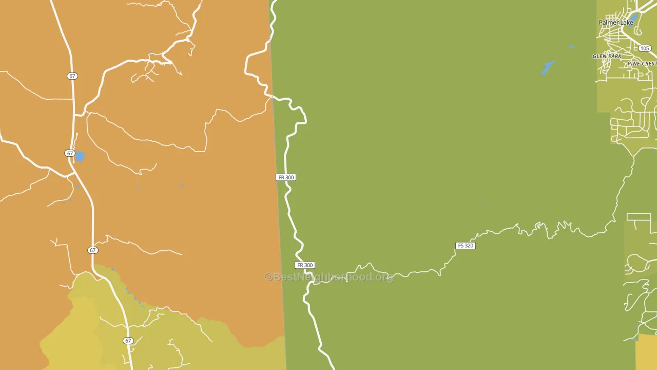 Map of the best neighborhoods in the Pine Crest area, with better matches in green and worse matches in red