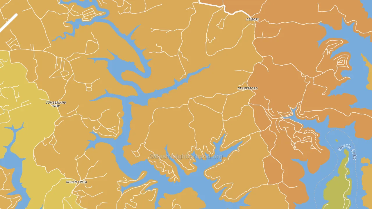 Map of the best neighborhoods in the Pine Crest area, with better matches in green and worse matches in red