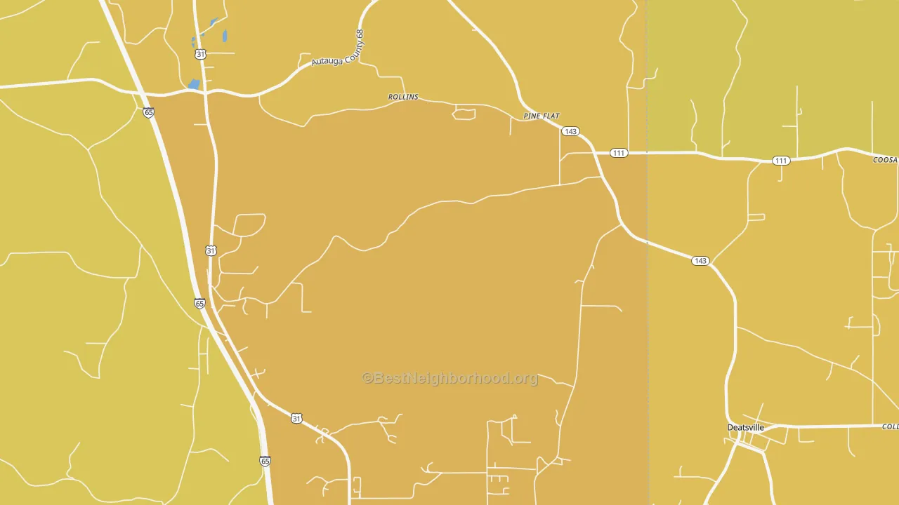 Map of the best neighborhoods in the Pine Flat area, with better matches in green and worse matches in red