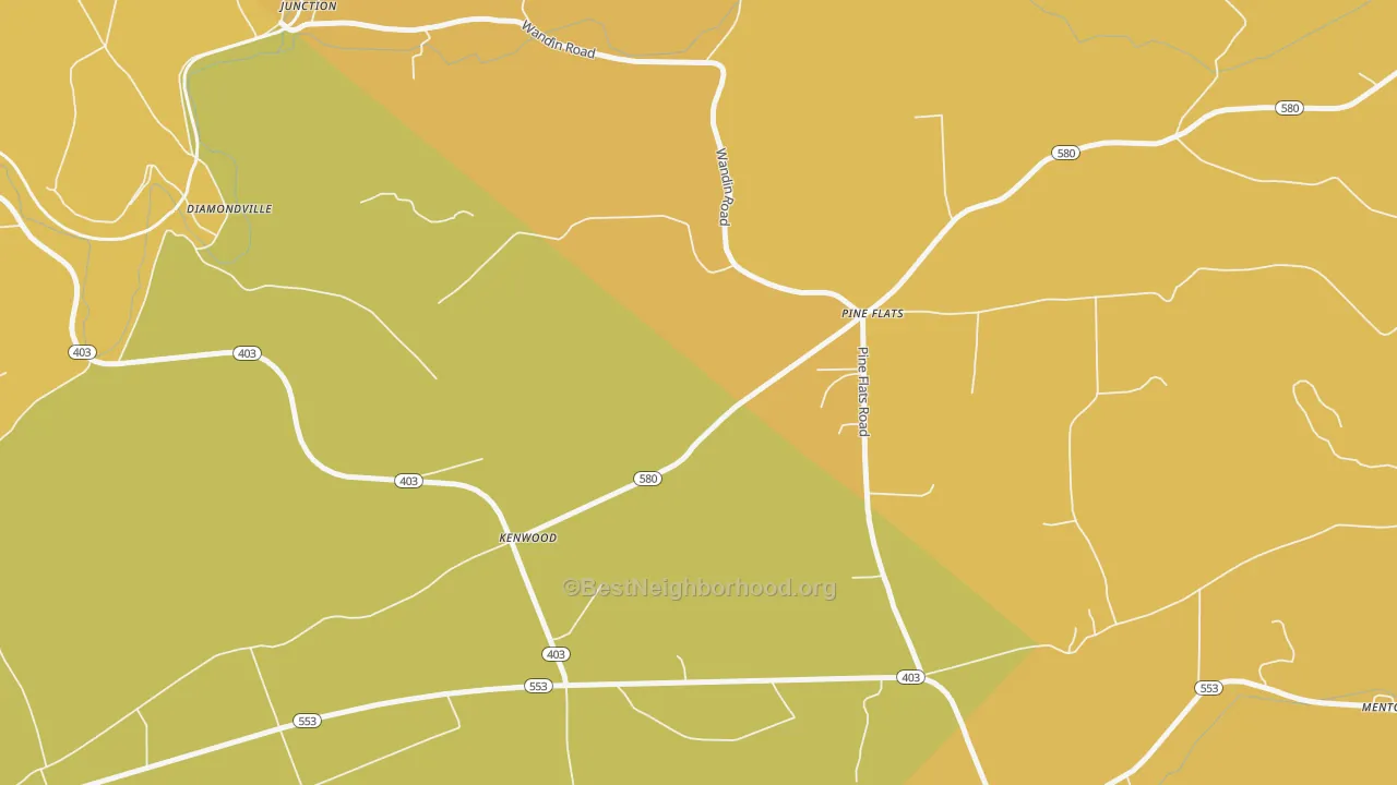 Map of the best neighborhoods in the Pine Flats area, with better matches in green and worse matches in red