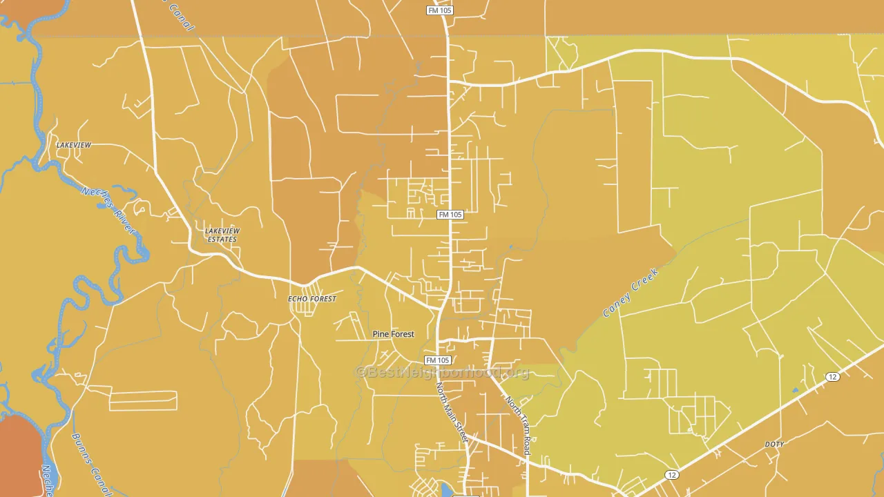 Map of the best neighborhoods in the Pine Forest area, with better matches in green and worse matches in red