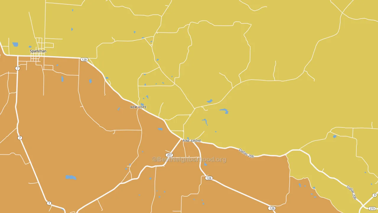 Map of the best neighborhoods in the Pine Grove area, with better matches in green and worse matches in red