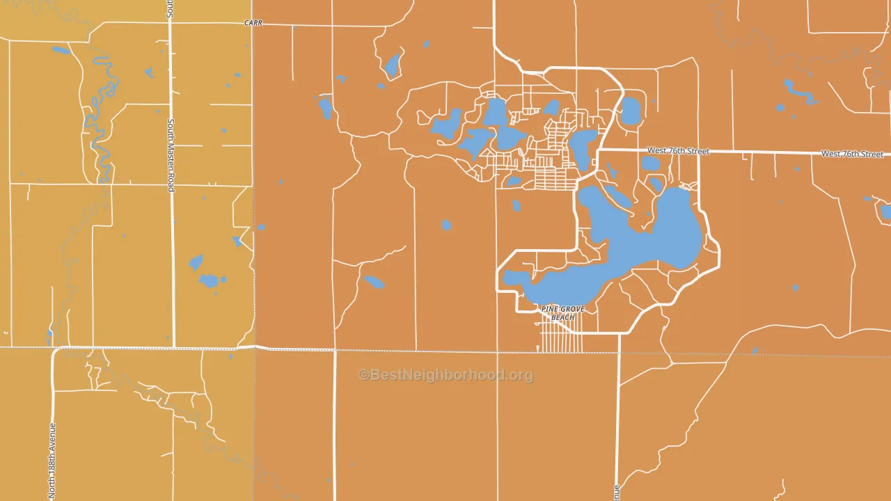 Map of the best neighborhoods in the Pine Grove Beach area, with better matches in green and worse matches in red